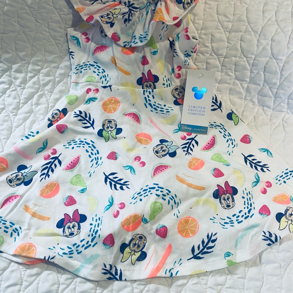 Disney Girls White Dress with Multicolor Fruit & Minnie Print